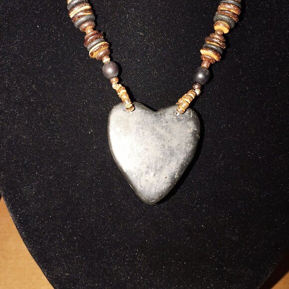 Handcrafted Heart Pendant Necklace With Beaded Brown Tones & Mosaic Shell Design - Picture 8 of 9